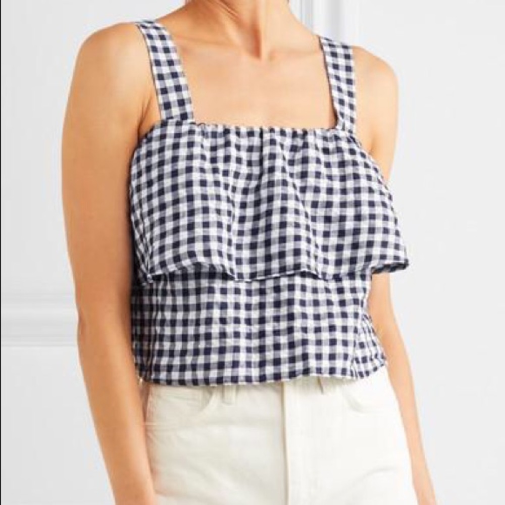 MADEWELL Ruffled gingham linen-blend top Navy